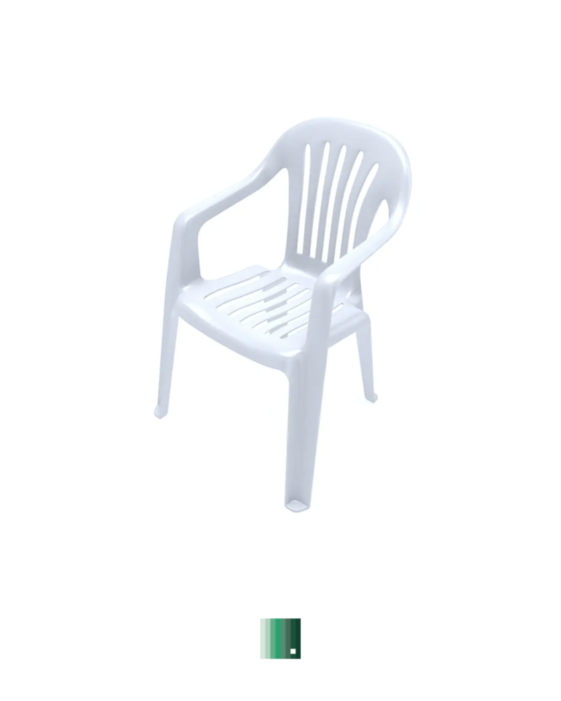 A white monobloc plastic chair on a plain background