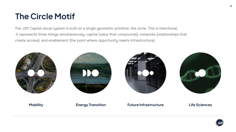 JSP Capital brand guidelines — the circle motif system