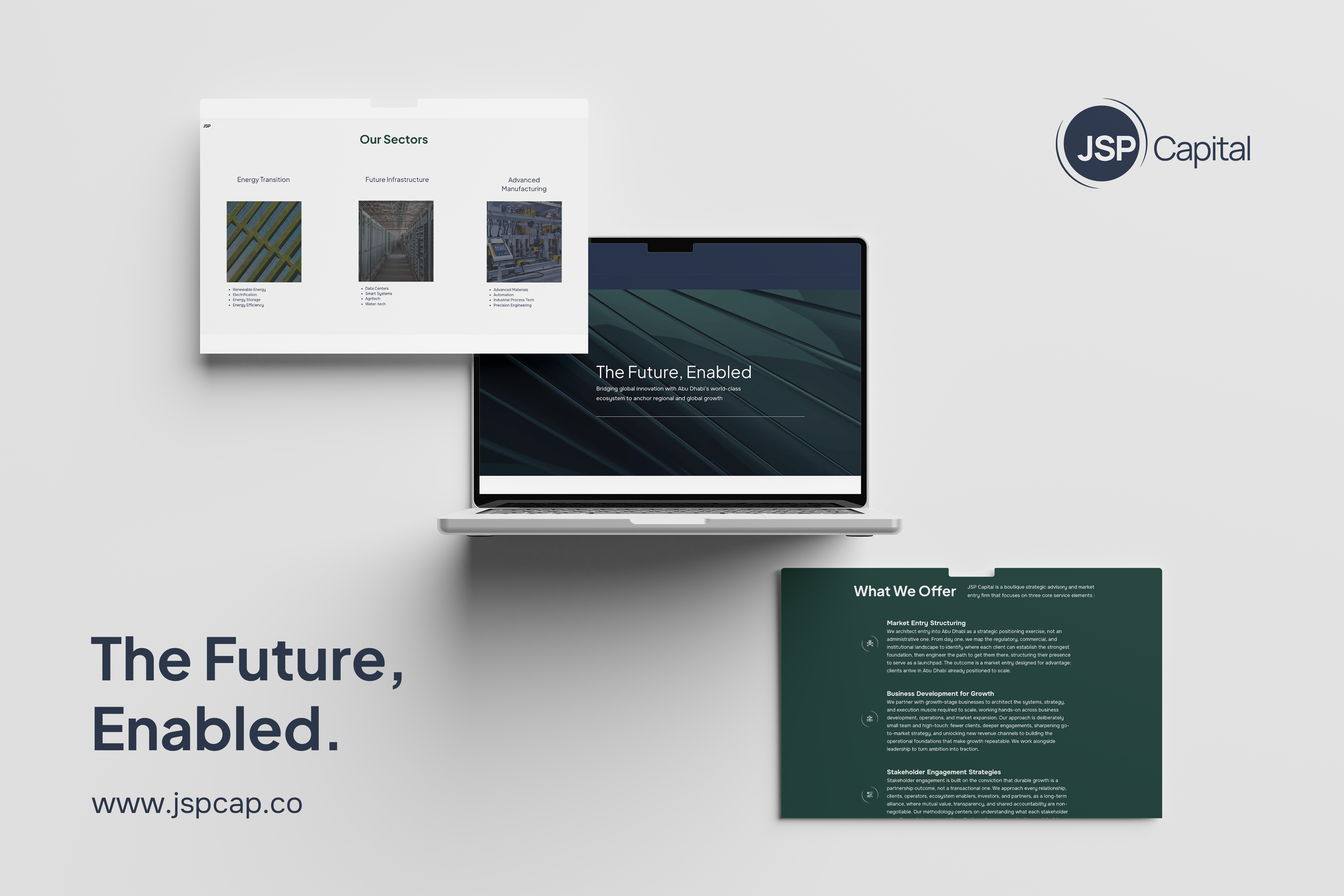 JSP Capital website, shown across desktop and slide layouts