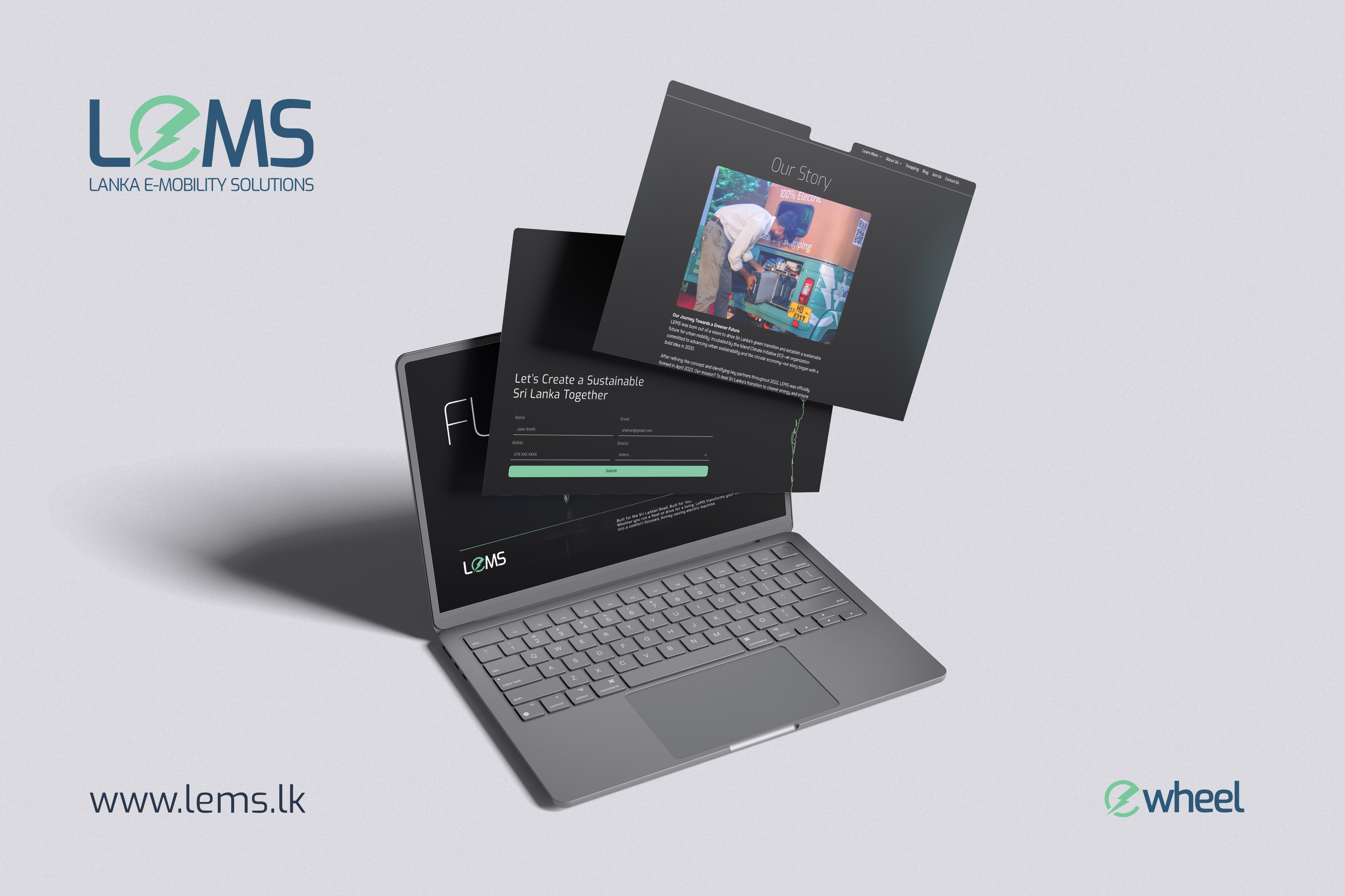 LeMS website shown across laptop and browser mockups, including the Our Story page and lead capture form